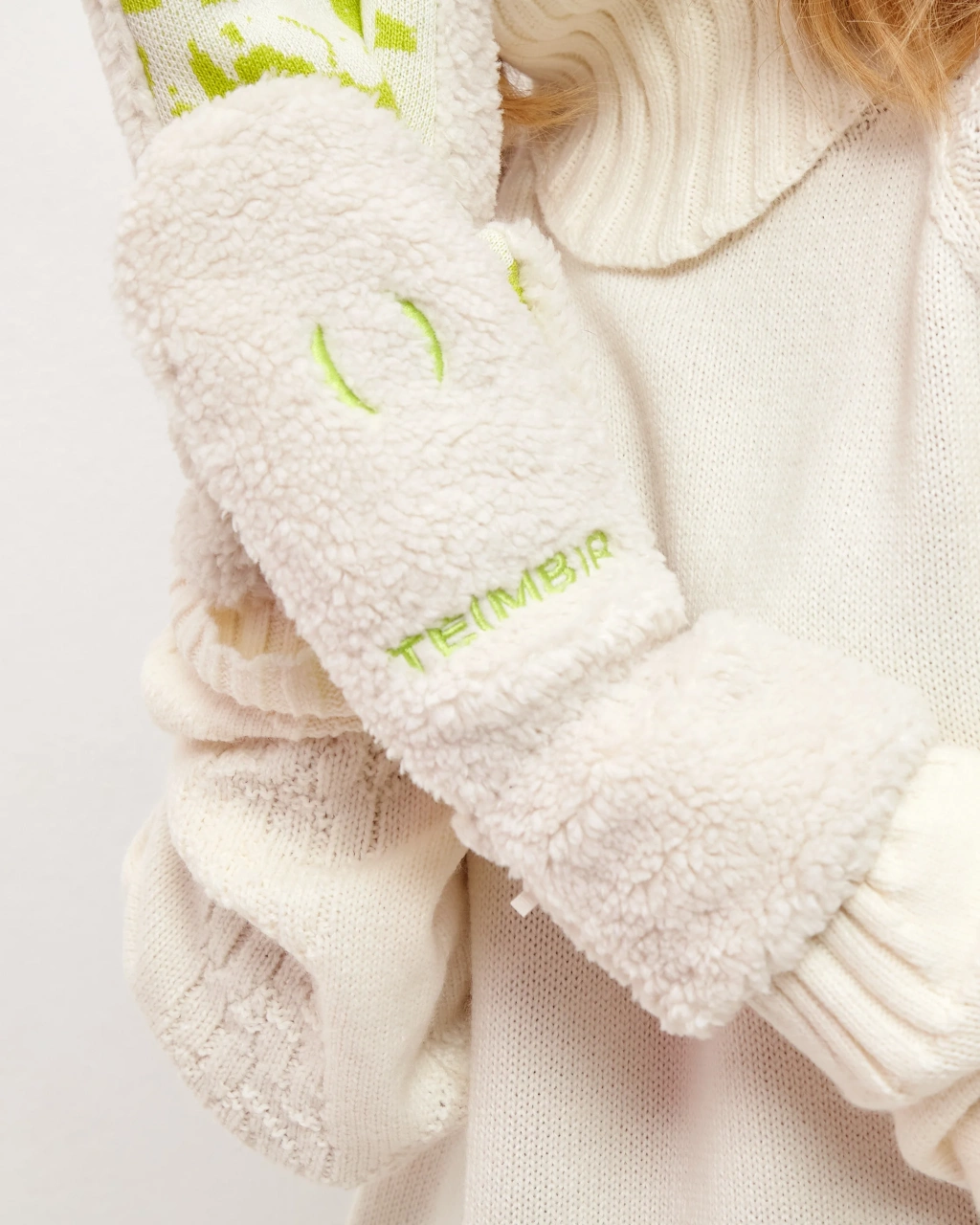 White and lime Urban Bunny knitted gloves
